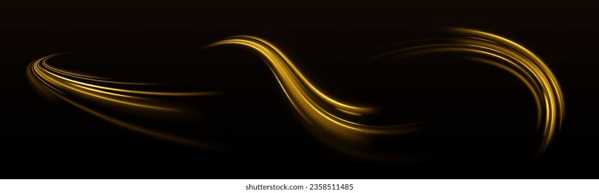 Golden glowing shiny spiral vector. Neon line yellow. Shiny wavy trail. Long time exposure motion blur effect. Neon magic light effect. Abstract motion glowing wavy lines. 