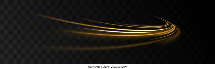 Golden glowing shiny spiral vector. Neon line yellow. Shiny wavy trail. Long time exposure motion blur effect. Neon magic light effect. Abstract motion glowing wavy lines. 