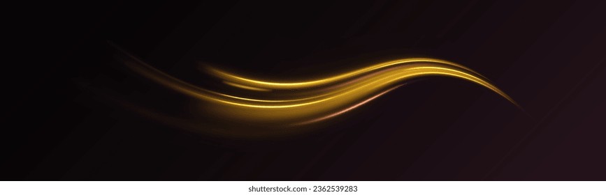 Golden glowing shiny spiral vector. Neon line yellow. Shiny wavy trail. Long time exposure motion blur effect. Neon magic light effect. Abstract motion glowing wavy lines. 