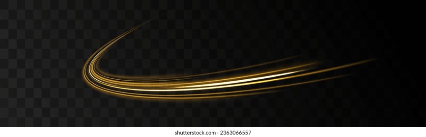 Golden glowing shiny spiral vector. Neon line yellow. Shiny wavy trail. Long time exposure motion blur effect. Neon magic light effect. Abstract motion glowing wavy lines. 