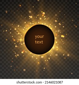 Golden glowing sparkle ring, abstract light frame effect vector illustration, yellow lens flares twinkle on transparent dark background