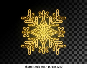 Golden glowing, sparkling snowflake. Vector design element. Christmas, new year decor object on isolated transparent background.