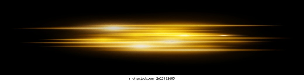 Golden glowing speed lines with blur flare effects on dark. Great for sci-fi scenes, racing visuals, futuristic speed transition, neon acceleration and motion design concepts.