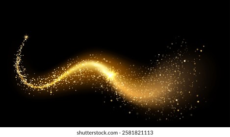 Golden, glowing spiral lines create a shiny effect, adorned with glitter particles against a rich black background, evoking a sense of luxury and festive celebration