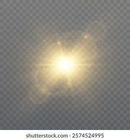 Golden glowing star burst light effect. Lens reflection light flare. Glow effect. Star bursts with shimmering glitter. Beautiful shimmering glare light effect. Vector 10 EPS