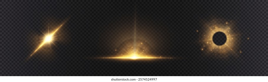 Golden glowing star burst light effect. Lens reflection light flare. Glow effect. Star bursts with shimmering glitter. Beautiful shimmering glare light effect. Vector 10 EPS