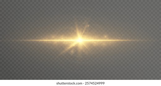 Golden glowing star burst light effect. Lens reflection light flare. Glow effect. Star bursts with shimmering glitter. Beautiful shimmering glare light effect. Vector 10 EPS