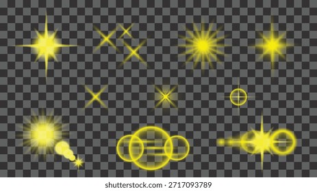 Juego de luces brillantes doradas con destellos, destellos de lente y efectos de estallido aislados sobre fondo transparente