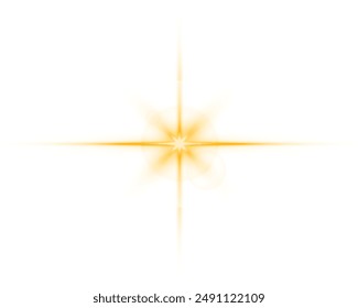 Golden glowing star on a transparent background. Magic explosion with stardust. Christmas light effect with magic particles. Yellow energy flash. Golden glitter and highlights. Vector illustration PNG