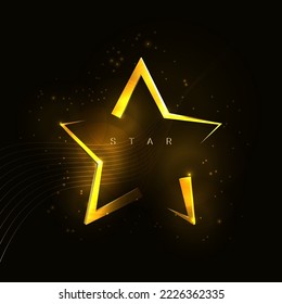 Golden glowing star with sparks and golden lines. Award template on a dark background.