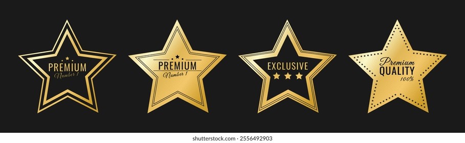 Golden glowing stars for the best product. Vector templates of gold stickers.