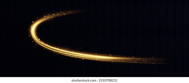 Golden glowing swirl. The effect of moving at the speed of light. Easy trail. Shiny wavy path. Vector.Neon light.