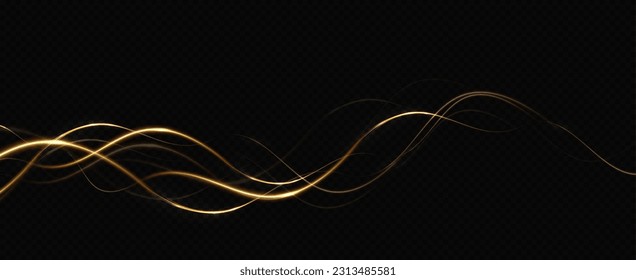 Golden glowing swirl. The effect of moving at the speed of light. Easy trail. Shiny wavy path. Vector.Neon light.