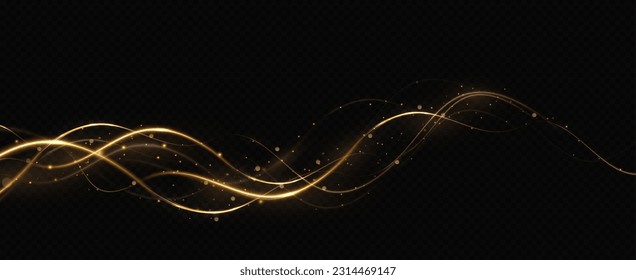Golden glowing swirl. The effect of moving at the speed of light. Easy trail. Shiny wavy path. Vector.Neon light.
