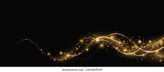 Golden glowing swirl. The effect of moving at the speed of light. Easy trail. Shiny wavy path. Vector.Neon light.