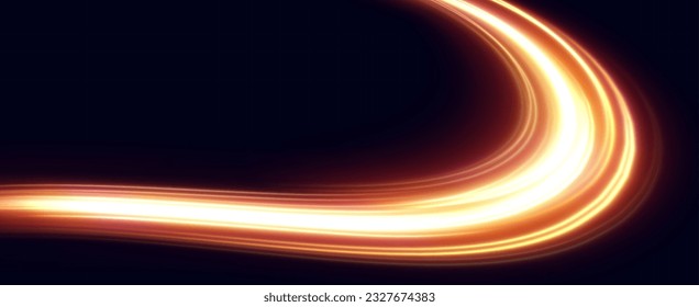 Golden glowing swirl. The effect of moving at the speed of light. Easy trail. Shiny wavy path. Vector.Neon light.