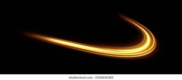 Golden glowing swirl. The effect of moving at the speed of light. Easy trail. Shiny wavy path. Vector.Neon light.