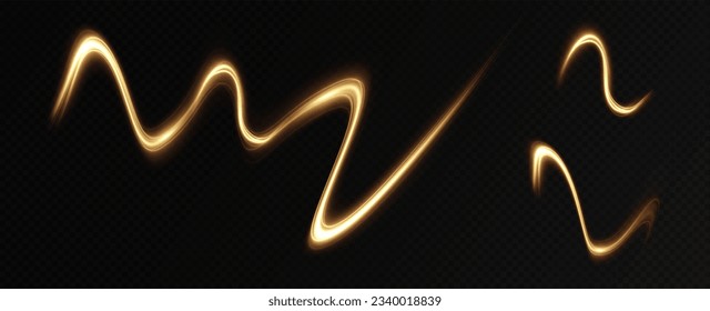 Golden glowing swirl. The effect of moving at the speed of light. Easy trail. Shiny wavy path. Vector.Neon light.