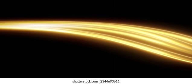 Golden glowing swirl. The effect of moving at the speed of light. Easy trail. Shiny wavy path. Vector.Neon light.