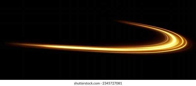 Golden glowing swirl. The effect of moving at the speed of light. Easy trail. Shiny wavy path. Vector.Neon light.