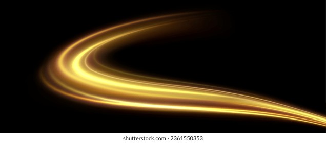 Golden glowing swirl. The effect of moving at the speed of light. Easy trail. Shiny wavy path. Vector.Neon light.	