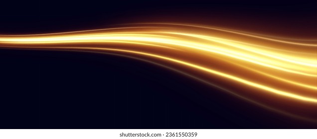 Golden glowing swirl. The effect of moving at the speed of light. Easy trail. Shiny wavy path. Vector.Neon light.	