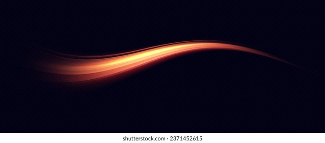 Golden glowing swirl. The effect of moving at the speed of light. Easy trail. Shiny wavy path. Vector.Neon light.	