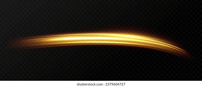 Golden glowing swirl. The effect of moving at the speed of light. Easy trail. Shiny wavy path. Vector.Neon light.	