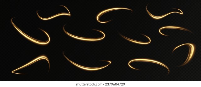 Golden glowing swirl. The effect of moving at the speed of light. Easy trail. Shiny wavy path. Vector.Neon light.	