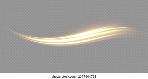 Golden glowing swirl. The effect of moving at the speed of light. Easy trail. Shiny wavy path. Vector.Neon light.	