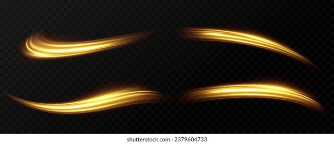 Golden glowing swirl. The effect of moving at the speed of light. Easy trail. Shiny wavy path. Vector.Neon light.	