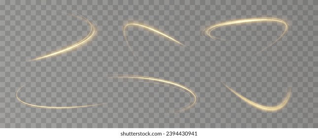 Golden glowing swirl. The effect of moving at the speed of light. Easy trail. Shiny wavy path. Vector.Neon light.