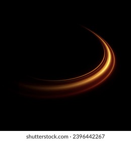 Golden glowing swirl. The effect of moving at the speed of light. Easy trail. Shiny wavy path. Vector.Neon light.