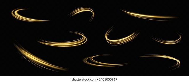 Golden glowing swirl. The effect of moving at the speed of light. Easy trail. Shiny wavy path. Vector.Neon light.