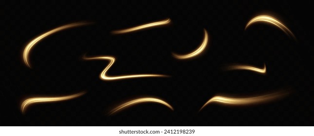 Golden glowing swirl. The effect of moving at the speed of light. Easy trail. Shiny wavy path. Vector.Neon light.	