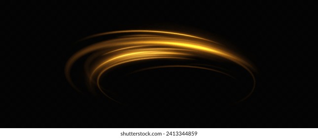 Giro dorado brillante. El efecto de moverse a la velocidad de la luz. Un camino fácil. Sendero ondulado brillante. Vector.Luz neón.