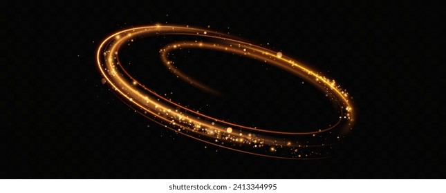 Golden glowing swirl. The effect of moving at the speed of light. Easy trail. Shiny wavy path. Vector.Neon light.