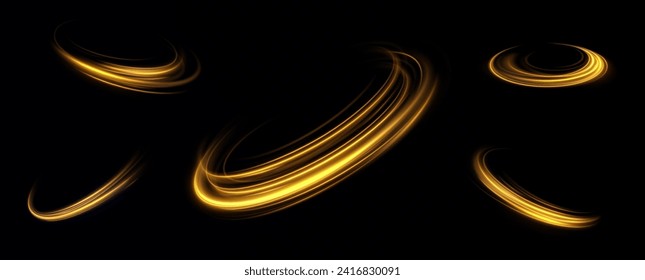 Golden glowing swirl. The effect of moving at the speed of light. Easy trail. Shiny wavy path. Vector.Neon light.	