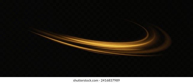 Golden glowing swirl. The effect of moving at the speed of light. Easy trail. Shiny wavy path. Vector.Neon light.	