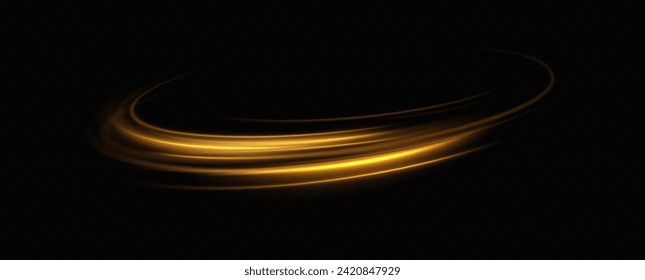 Golden glowing swirl. The effect of moving at the speed of light. Easy trail. Shiny wavy path. Vector.Neon light.	