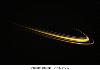 Golden glowing swirl. The effect of moving at the speed of light. Easy trail. Shiny wavy path. Vector.Neon light.