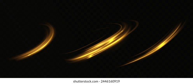 Un remolino dorado brillante. El efecto de moverse a la velocidad de la luz. Camino fácil. Camino ondulado brillante. Vector. Luz de neón.	