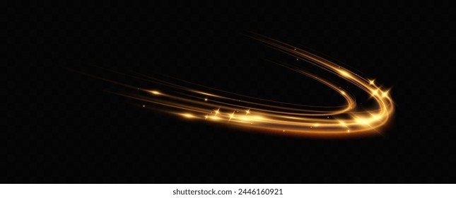 Golden glowing swirl. The effect of moving at the speed of light. Easy trail. Shiny wavy path. Vector.Neon light.	