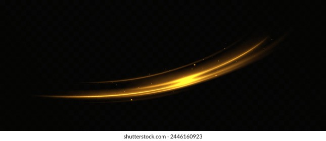 Golden glowing swirl. The effect of moving at the speed of light. Easy trail. Shiny wavy path. Vector.Neon light.	