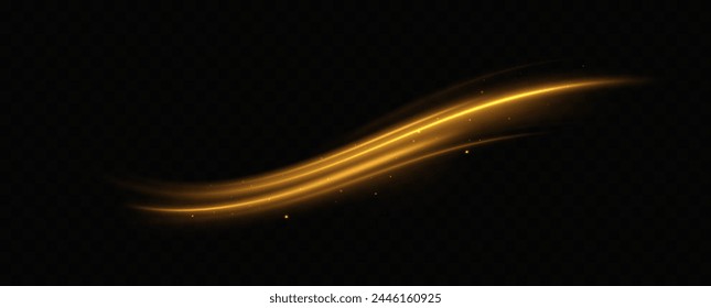 Un remolino dorado brillante. El efecto de moverse a la velocidad de la luz. Camino fácil. Camino ondulado brillante. Vector. Luz de neón.	