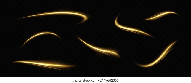 Golden glowing swirl. The effect of moving at the speed of light. Easy trail. Shiny wavy path. Vector.Neon light.