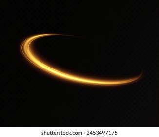 Golden glowing swirl. The effect of moving at the speed of light. Easy trail. Shiny wavy path. Vector.Neon light.	