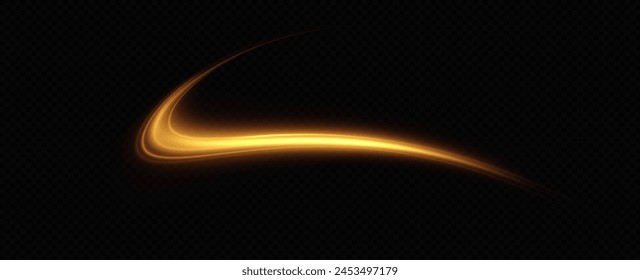 Golden glowing swirl. The effect of moving at the speed of light. Easy trail. Shiny wavy path. Vector.Neon light.	