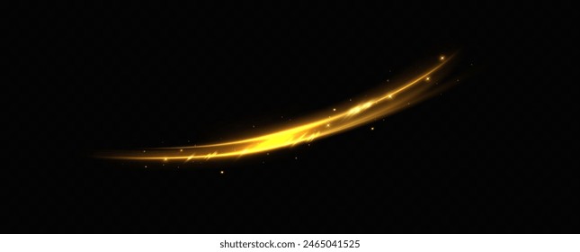 Golden glowing swirl. The effect of moving at the speed of light. Easy trail. Shiny wavy path. Vector.Neon light.