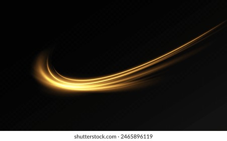 Golden glowing swirl. The effect of moving at the speed of light. Easy trail. Shiny wavy path. Vector.Neon light.	